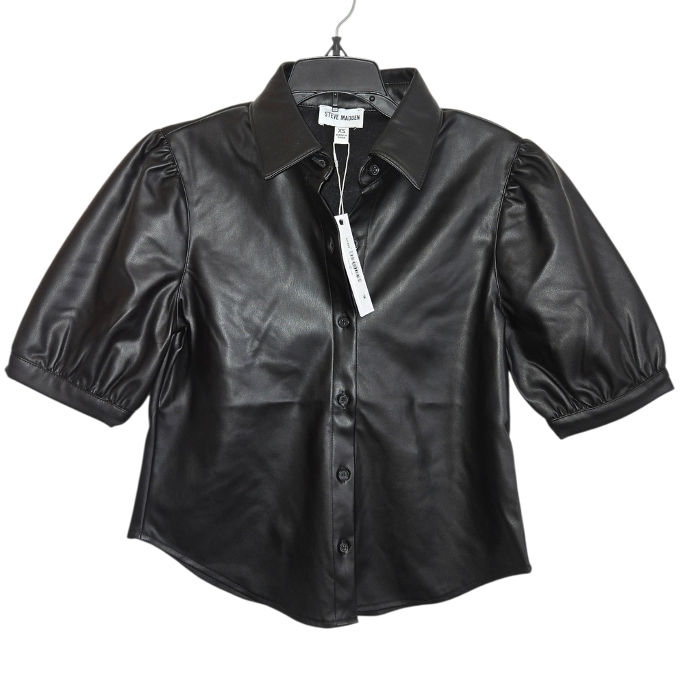 Steve Madden Black Faux Leather Blouse with Puff Sleeves